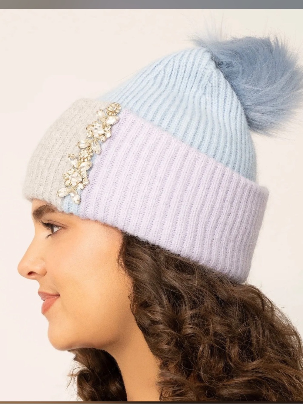 NWT Adrienne Landau Embellished Colorblock Pom Beanie - Light Blue & Lavender